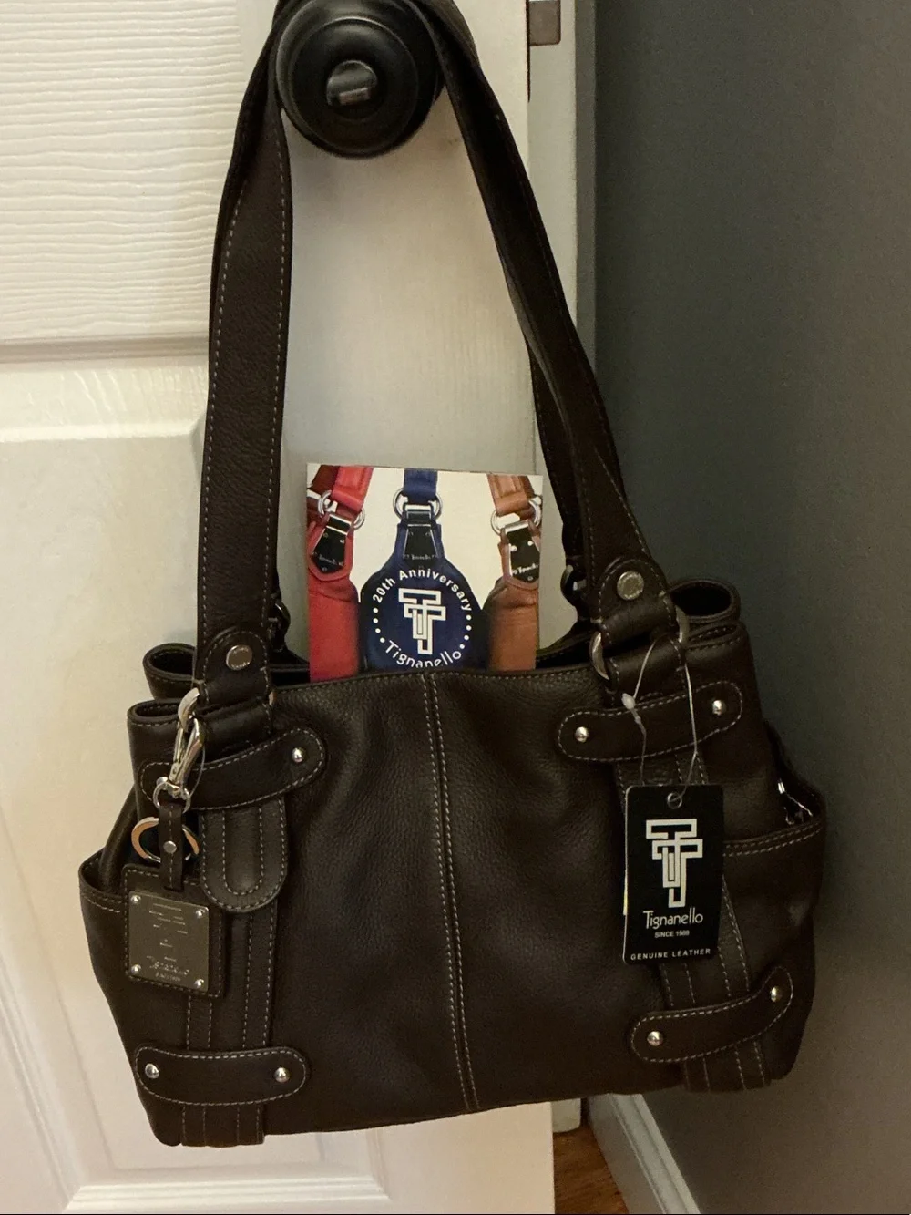 Tignanello Dark Brown Leather Tote Bag. NWT